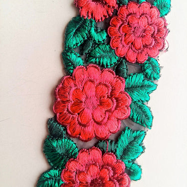 Black Fabric Trim With Red And Green Floral Embroidery, 50mm wide - 200317L332